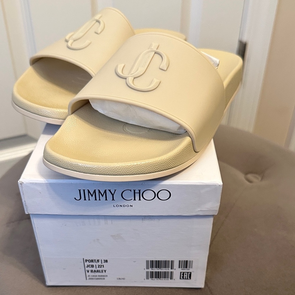 Jimmy Choo Port Beige Logo Slides | Size 38 | With Box